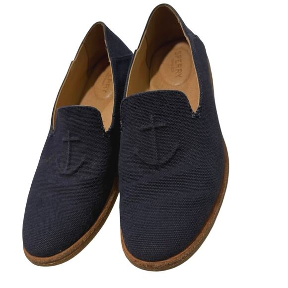 Sperry Sz 7.5 Women’s Monochrome Blue Anchor Nautical Comfort Loafers EUC - Picture 2 of 6